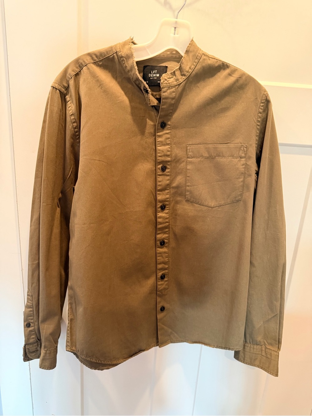 LFT Denim Olive Utility Shirt Small Raw Edge Mandarin Collar Button Front Top